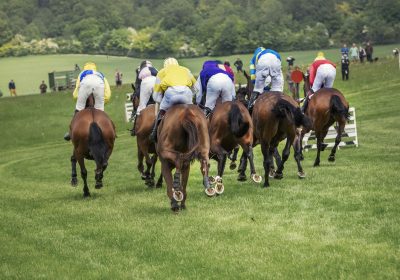group of riders on racehorses racing on a course, during a steeplechase.,aston rowant,england